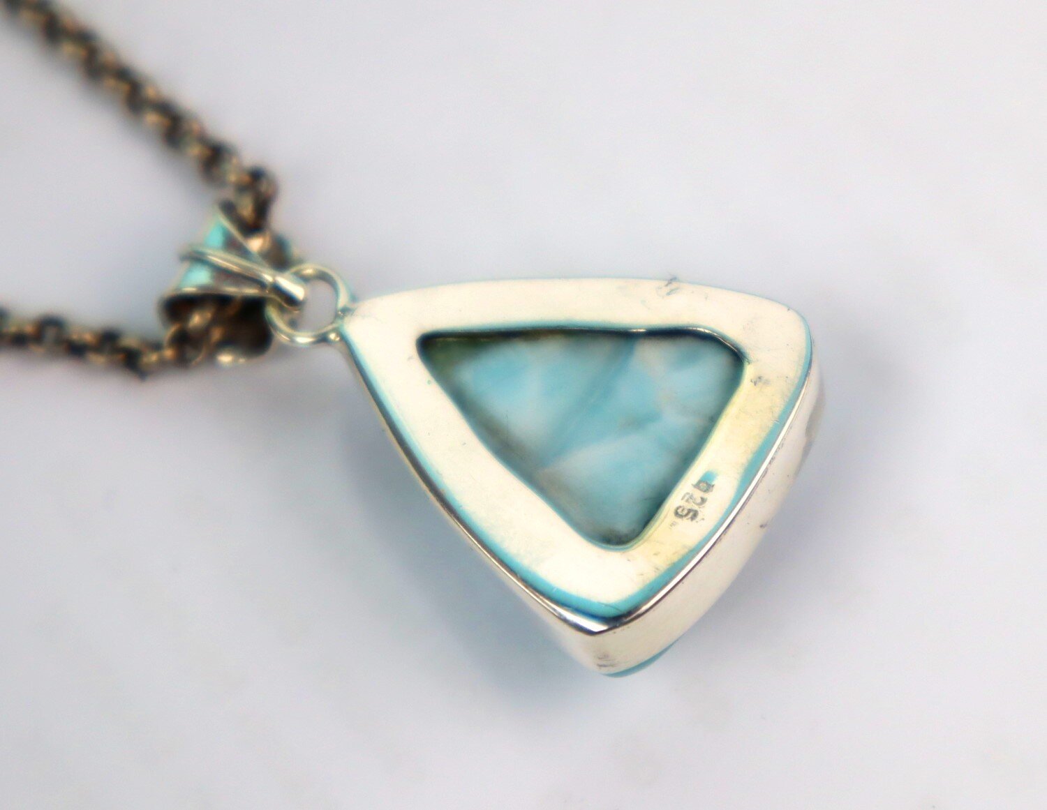 Excellent Natural Ocean Blue Triangular Larimar 925 Sterling Silver Pendant 34mm – photo 5